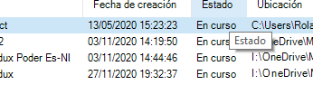 Zoomed-in view of Trados Studio project list focusing on the 'Status' column, showing all projects are 'In progress' with locations on the C drive and OneDrive.