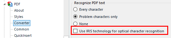 Trados Studio project options showing PDF file type settings with 'Use IRIS technology for optical character recognition' checked.