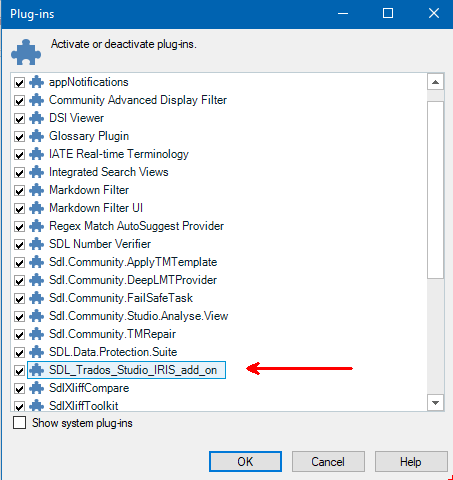 Trados Studio Add-ins tab displaying a list of plug-ins with 'SDL_Trados_Studio_IRIS_add_on' highlighted indicating it is installed.