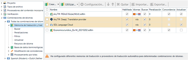 Trados Studio project settings showing translation memory options with 'AnyTM: Deepl Translation provider' selected but with a warning icon indicating a potential issue.