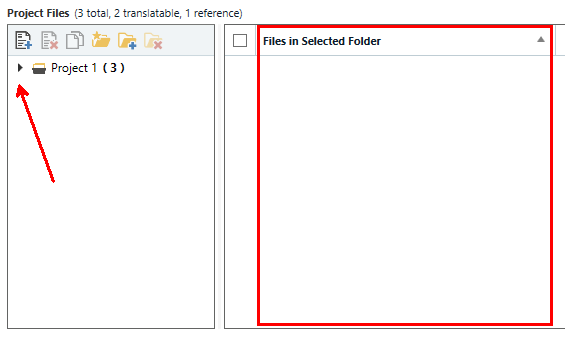 Trados Studio screenshot showing the Project Files pane with an arrow pointing to a folder named 'Project 1' indicating 3 files inside, and an empty 'Files in Selected Folder' pane on the right.