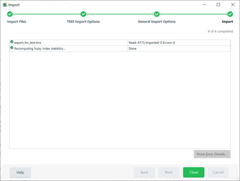Trados Studio import window showing 'Recomputing fuzzy index statistics... Done' with no errors indicated.