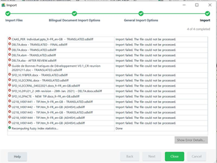 Trados Studio import error window listing multiple files with 'Import failed. The file could not be processed' error for each.