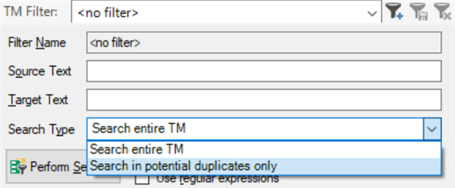 Trados Studio screenshot showing TM Filter options with 'no filter' selected, empty Source Text and Target Text fields, and 'Search in potential duplicates only' selected.