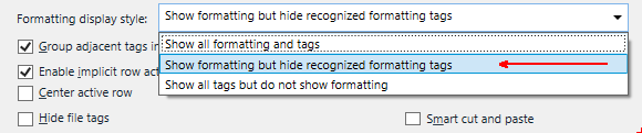 Trados Studio Options menu with Formatting display style dropdown showing options with a red arrow pointing to 'Show all formatting and tags'.