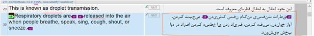 Screenshot of SDL Trados Studio showing English source text and Persian target text with tags applied, resulting in separated characters and unreadable text.