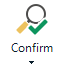Screenshot of Trados Studio's Confirm button with a magnifying glass and checkmark icon above the word 'Confirm'.