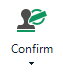 Screenshot of Trados Studio's Confirm button with a quill pen and checkmark icon above the word 'Confirm'.
