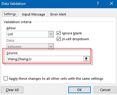 Excel Data Validation window showing settings tab with validation criteria for a list with source Wang;Zhang;Li highlighted in red.
