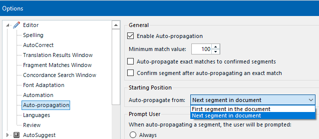 Trados Studio Options menu with Editor settings open showing Auto-propagation enabled and minimum match value set to 100.