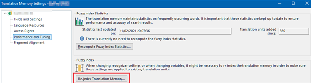 Screenshot of Trados Studio Translation Memory Settings showing the Re-index Translation Memory button highlighted in red.