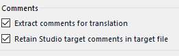 Trados Studio settings showing 'Extract comments for translation' checked and 'Retain Studio target comments in target file' unchecked.