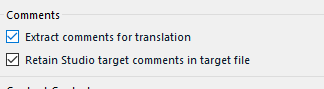 Trados Studio settings with both 'Extract comments for translation' and 'Retain Studio target comments in target file' options checked.
