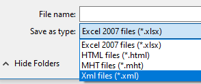 Dropdown menu showing save as type options: Excel 2007 files (*.xlsx), HTML files (*.html), MHT files (*.mht), and Xml files (*.xml).