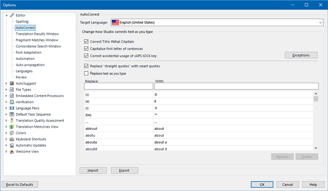 Trados Studio 2019 AutoCorrect options window showing settings for English (United States) with options to correct two initial capitals, capitalize first letter of sentences, and replace straight quotes with smart quotes.