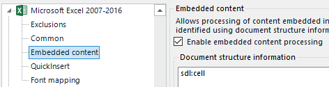 Trados Studio project settings window showing 'Microsoft Excel 2007-2016' with 'Embedded content' selected and 'Enable embedded content processing' checkbox checked.