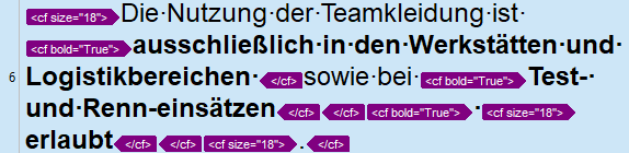 Screenshot of Trados Studio 2019 showing text extraction with tags indicating bold text and font size changes.