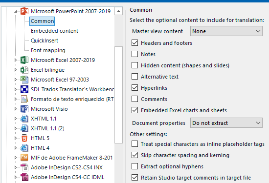 Screenshot of Trados Studio 2019 default file type settings for Microsoft PowerPoint 2007-2019 with various options for content inclusion.