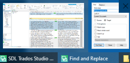 Screenshot of SDL Trados Studio with an empty Find dialog box in the foreground, indicating no search parameters have been entered.