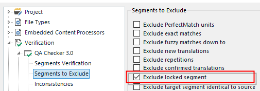Trados Studio Project settings under Verification showing 'Exclude locked segment' option checked in the 'Segments to Exclude' section.