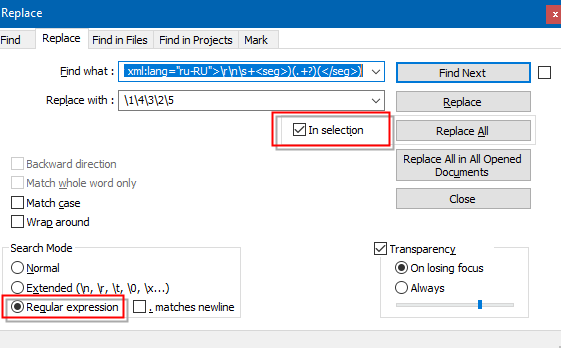 Notepad++ Replace dialog box with regex code entered in 'Find what' and 'Replace with' fields. 'In selection' and 'Regular expression' options are checked.