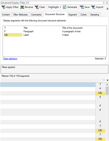 Trados Studio Advanced Display Filter 2.0 interface showing filter options for Title, Paragraph, and Label with a yellowcustard color for LBL. No visible errors or warnings.