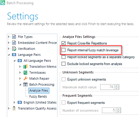 Screenshot of Trados Studio Settings showing Batch Processing options with 'Report internal fuzzy match leverage' checkbox unchecked.
