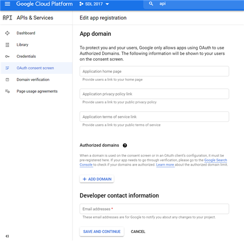 Google Cloud Platform's 'Edit app registration' page with fields for application home page, privacy policy, terms of service, authorized domains, and developer contact information.