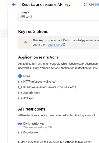 Google API key settings showing unrestricted key with options for application and API restrictions.