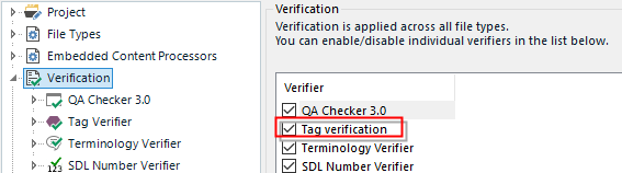 Trados Studio project settings showing Verification options with Tag Verification checked.