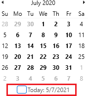 Calendar pop-up window with 'Today' button highlighted, showing the date 572021.