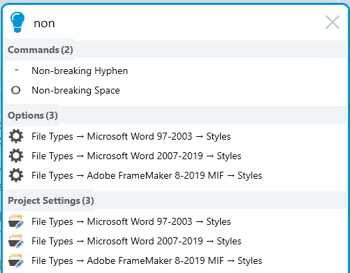 Trados Studio search box displaying results for 'non' with two commands: Non-breaking Hyphen and Non-breaking Space, and six file type options under Styles.