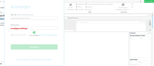 Screenshot of Trados Studio login page with an email entered and a red error symbol next to the password field indicating an issue with the password entry.