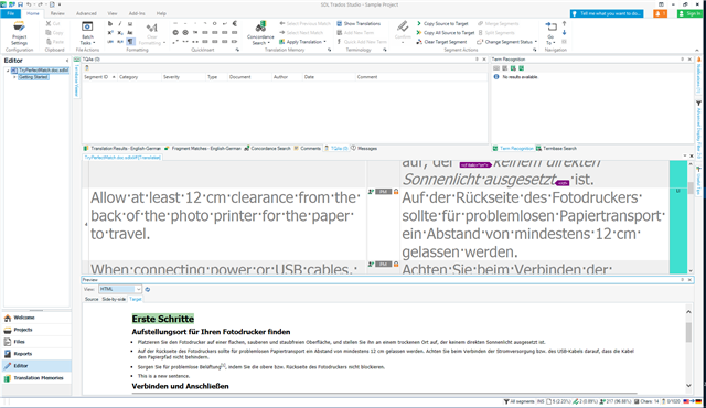 Trados Studio 2021 interface with the Preview window moved to the bottom, displaying a bilingual text with English on the left and German on the right. No visible errors or warnings.
