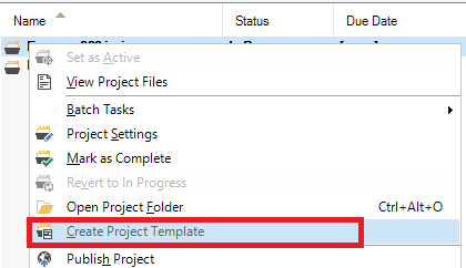 Trados Studio Projects view context menu with 'Create Project Template' option highlighted in red.