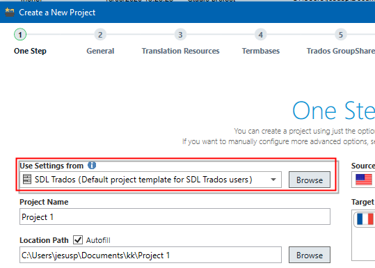 Trados Studio 'Create a New Project' wizard with 'Use Settings from' dropdown menu and 'Browse' button visible.