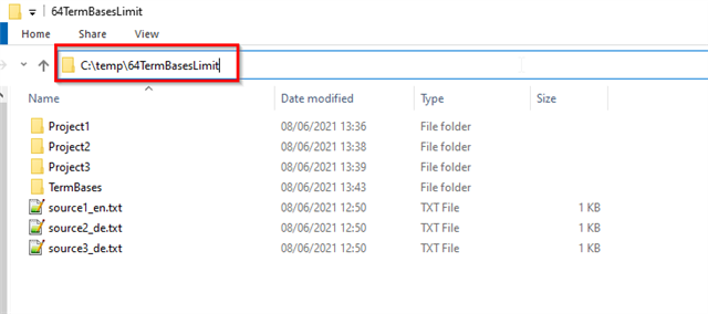 File Explorer window showing a folder named '64TermBasesLimit' highlighted in red within the C:Temp directory, containing subfolders for Project1, Project2, Project3, and TermBases, along with three text files.