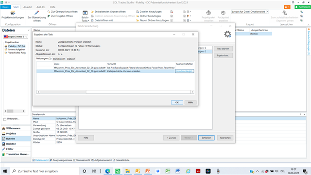 Trados Studio error message dialog box stating 'Leere Blattnamen sind unzul ssig' with an 'OK' button.