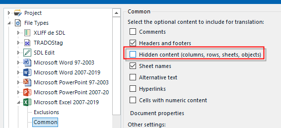 Trados Studio project settings window with 'Hidden content (columns, rows, sheets, objects)' checkbox ticked under the 'Common' category.