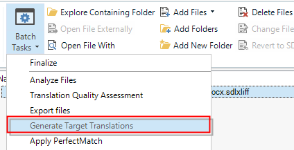 Trados Studio screenshot showing the Batch Tasks menu with 'Generate Target Translations' option highlighted in red.