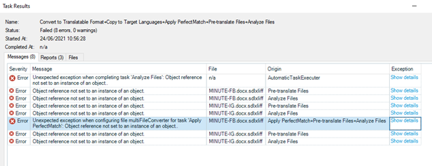 Screenshot of Trados Studio Task Results showing multiple errors with message 'Object reference not set to an instance of an object' for file preparation tasks.