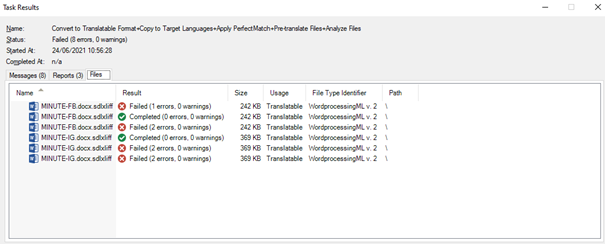 Screenshot of Trados Studio Task Results displaying file statuses, with several files marked as 'Failed' and others as 'Completed' with no errors or warnings.