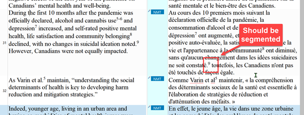 Screenshot of Trados Studio showing incorrect segmentation after the superscript number 9, with a note 'Should be segmented'.