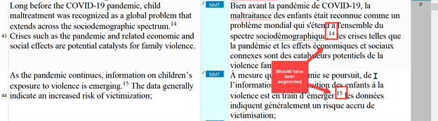 Screenshot of Trados Studio displaying incorrect segmentation after the superscript number 15, with a note 'Should be segmented'.