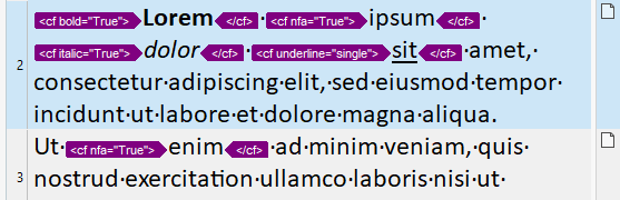 Trados Studio 2019 interface showing segment 2 with text 'Lorem ipsum dolor sit amet' in bold, italic, and underline formatting, but segment 3 with 'Ut enim ad minim veniam' is not highlighted.