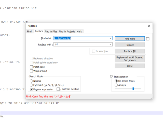 Screenshot of Notepad++ showing a 'Find' dialog box with a regular expression search that yields the message 'Can't find the text'.