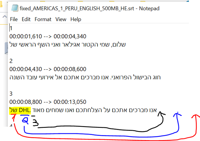 Screenshot of a .srt file opened in Notepad with Hebrew and Latin characters, showing a marked sequence of elements with arrows indicating the correct order.