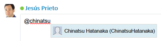 Screenshot showing Trados Studio username mention attempt. The text '@chinatsu' is typed in, displaying a suggestion for 'Chinatsu Hatanaka (ChinatsuHatanaka)' with an icon indicating a user.