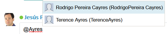 Screenshot showing Trados Studio user interface with two contacts: 'Rodrigo Pereira Cayres' and 'Terence Ayres', with a mention for '@Ayres'.