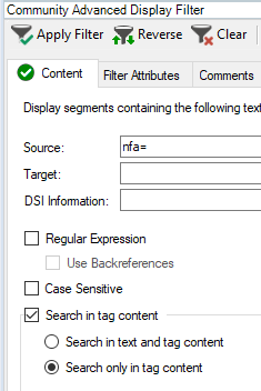 Trados Studio screenshot showing the Community Advanced Display Filter with options to Apply Filter, Reverse, and Clear. The Content tab is selected with a green checkmark indicating active filtering by text 'nfa=' in the Source field.